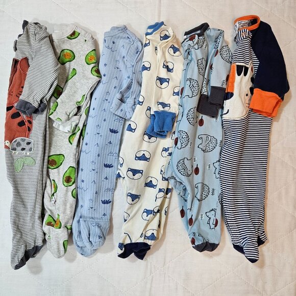 Baby Boy Footed Pajamas Sleepers Size 0-3M Lot of 6 Zippered Animal Prints - Picture 2 of 14